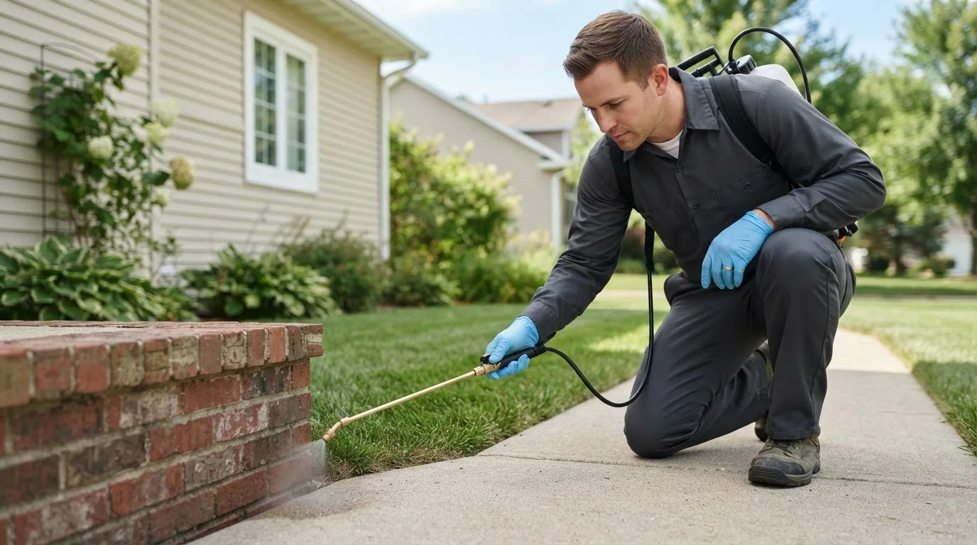Pest control technician treating a home near Texhoma, TX