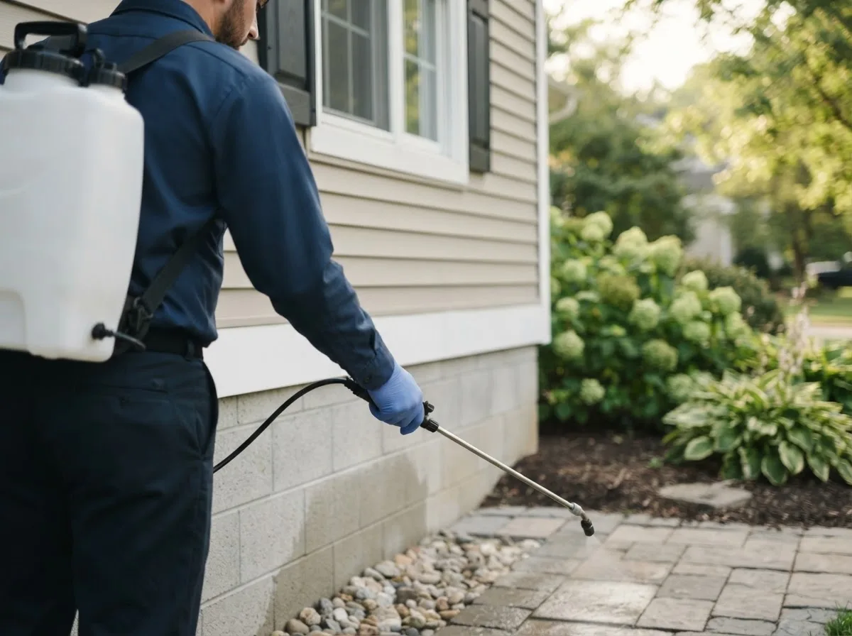 Pest control technician inspecting a home in Texhoma, TX